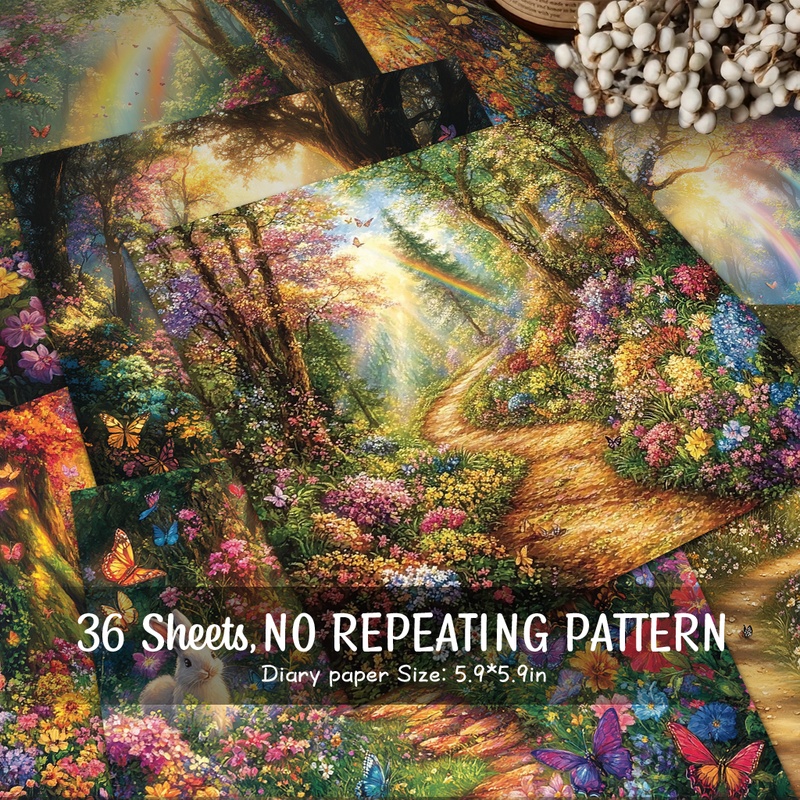 TEMU A Collection Of 36 Sheets Featuring Colorful Flowers And Butterflies Set In A Whimsical Forest, Perfect For Decorative Backgrounds, Junk Journals, Handmade Crafts, And Other Projects