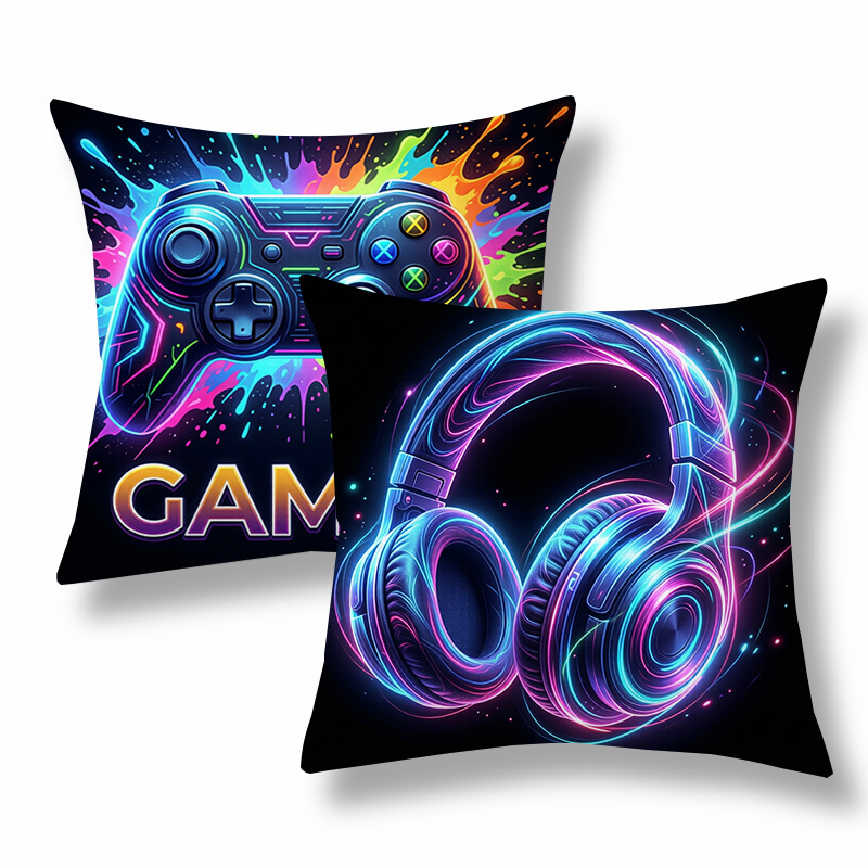 TEMU Set federe per cuscini in stile da gaming, fodere decorative per cuscini, design con motivo di controller di gioco e cuffie con parole e "GAM",