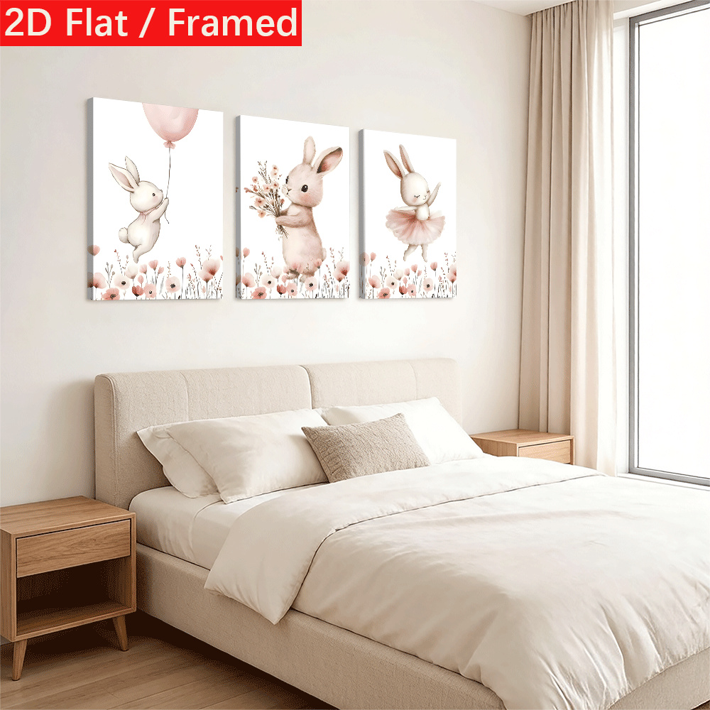 3-Panel Framed Canvas Wall Art - Cute Rabbit Nursery Print