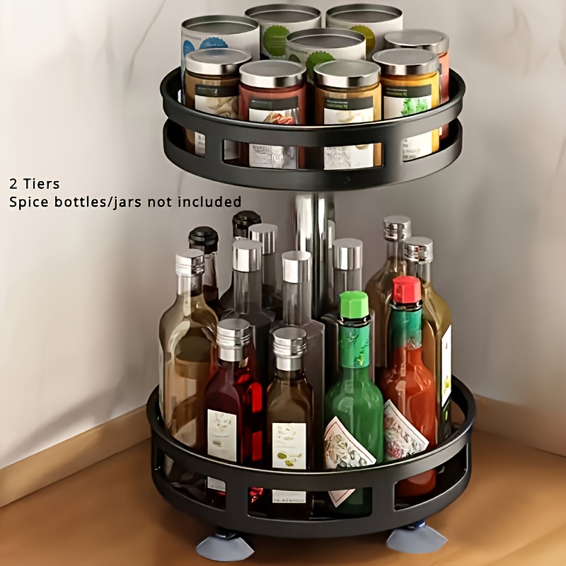 Image of 360° Rotating Carbon Steel Spice Rack - Heavy-duty Rotating Countertop Organizer With Suction Cup Base And Non-slip Base, Suitable For Spices, Oils, Condiments, , Space And Bathroom