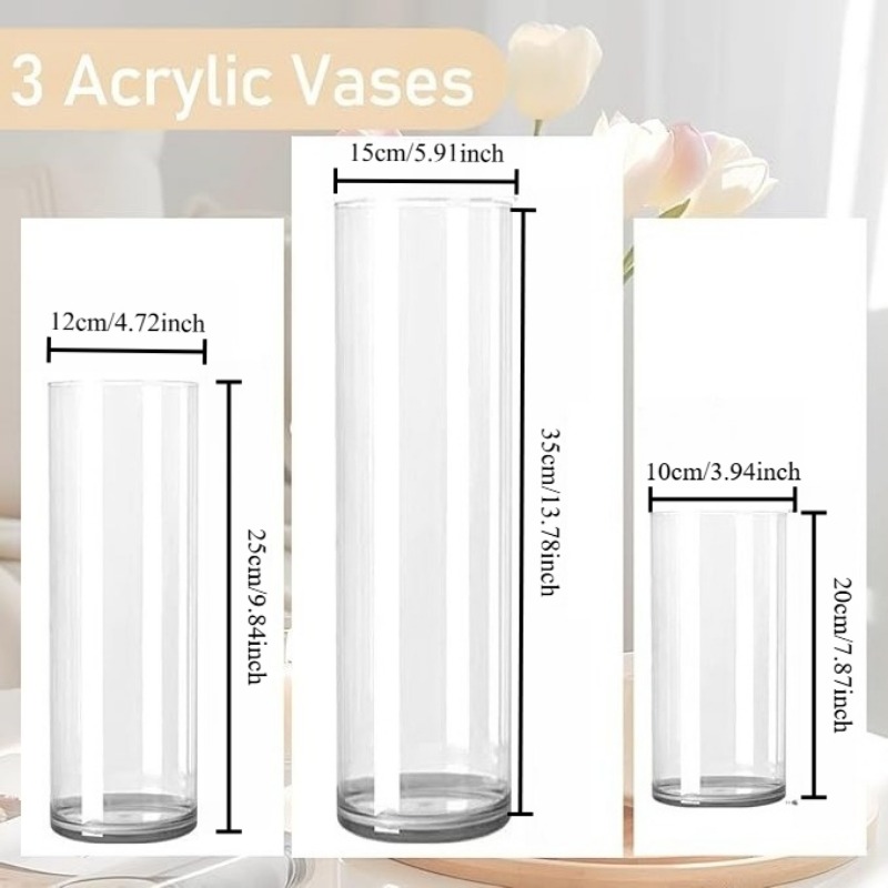 Image of 3pcs Acrylic Clear Cylinder Flower Vase For Plants Bouquet, Hurricane Tall Large Plastic Vases For Wedding Centerpieces, Hydroponic Decor Base