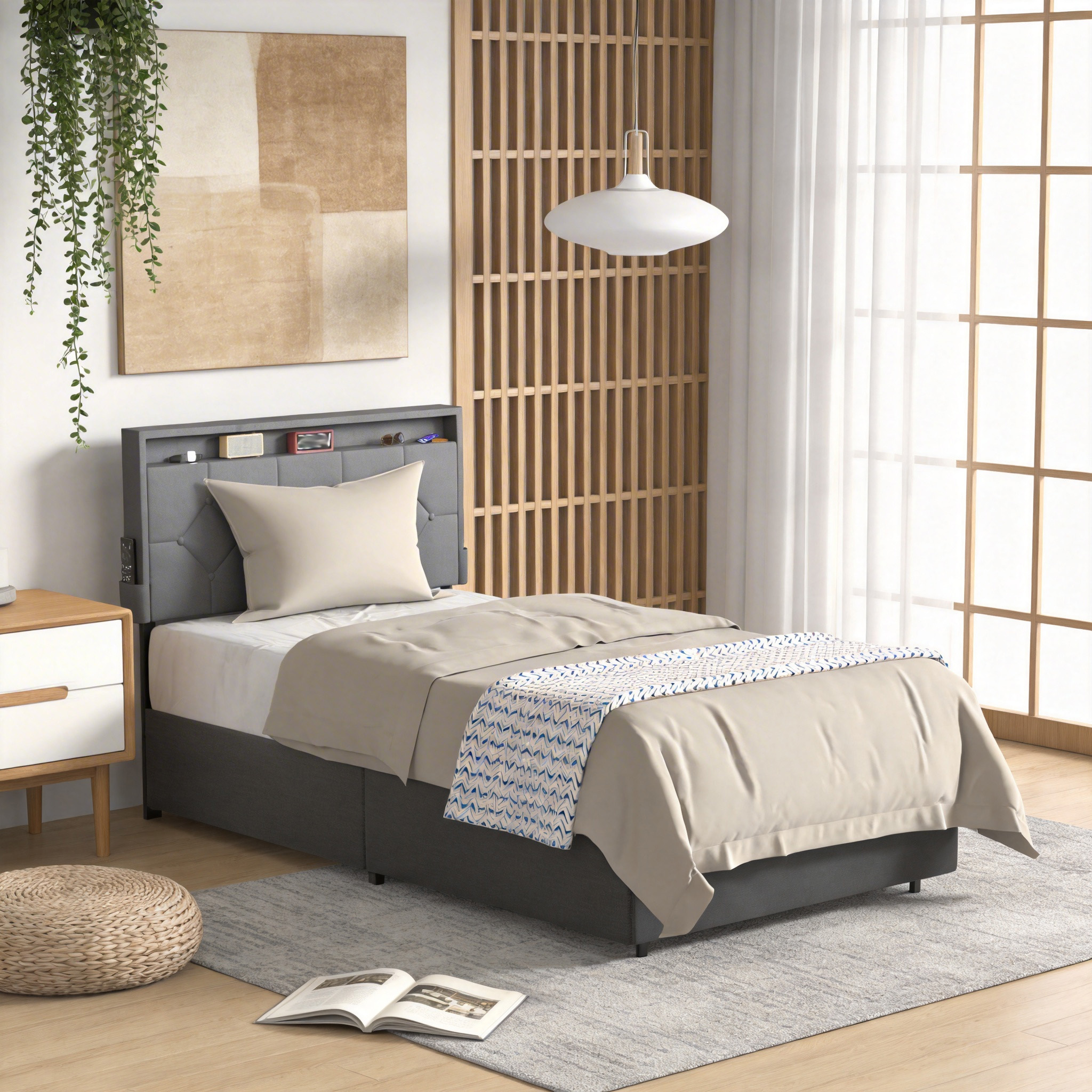 Image of Upholstered Bed With Storage Drawers, Bed Frame Made Of Linen Fabric, 90/140/160 X 200 Cm, Padded Headboard Metal Platform Bed With Under Bed Space, Dark Grey/light Grey