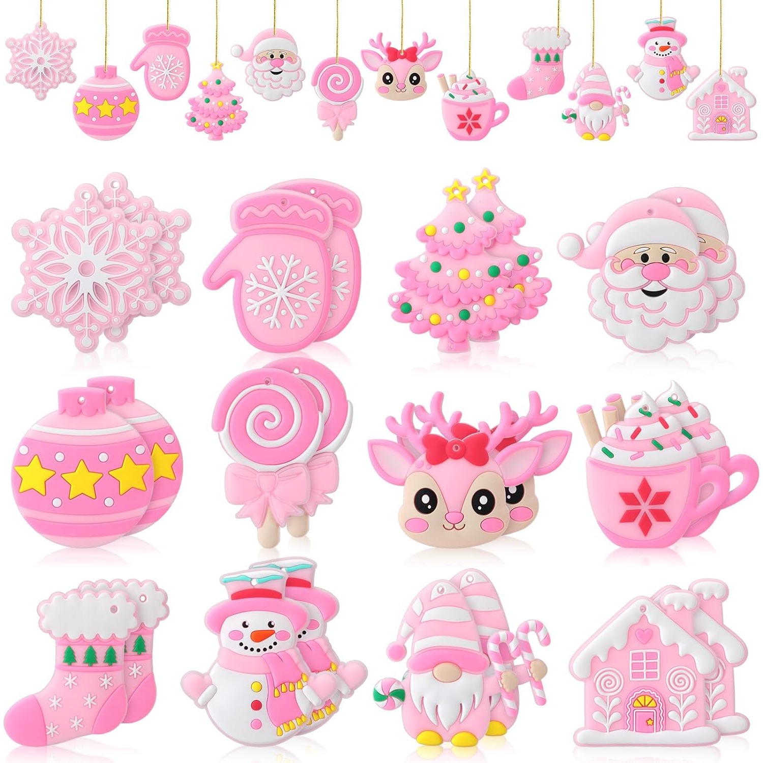 TEMU 24 Pink-themed Christmas Ornaments Including Wooden Decorations Of A Pink Christmas Tree, Santa Claus, Gingerbread Houses, And Dwarfs, Perfect