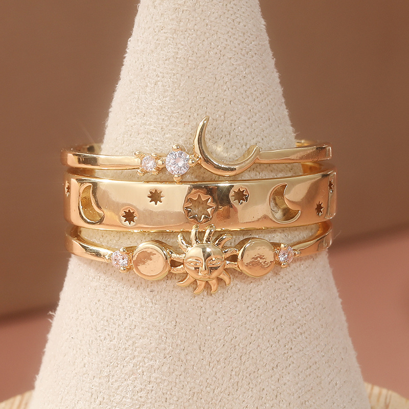 Image of 3pcs/ Set Retro Handmade Star And Moon Shaped Ring, Inlaid With Shiny Synthetic Zirconia, Elegant Stacking Ring For Women, Ring, Exquisite Gift For Her
