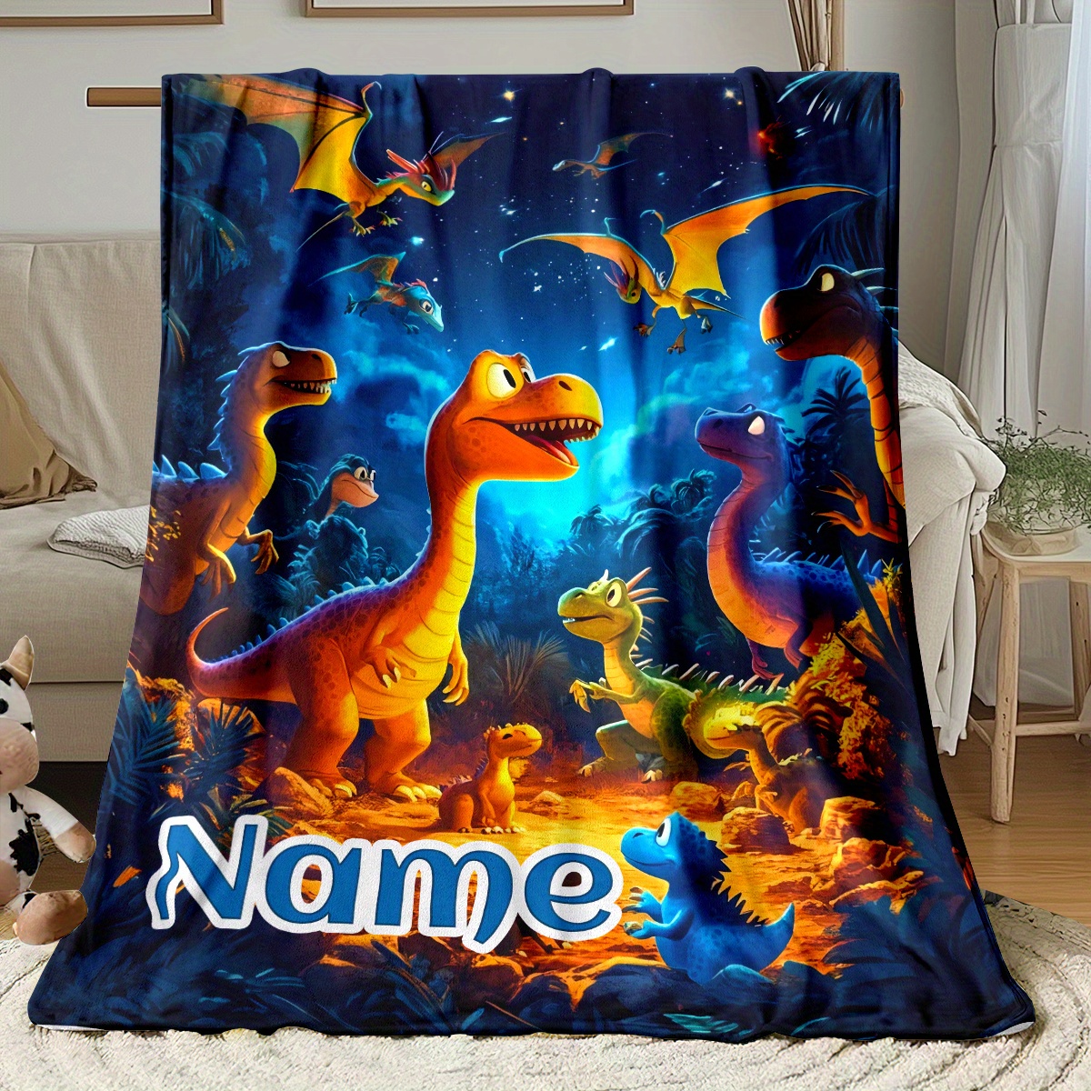 TEMU 1pc Custom Name Cute Dinosaur Family Blanket - Lightweight Flannel Throw For Sofa, Bed, Travel, Livingroom, Office, Couch And Bed - Digital