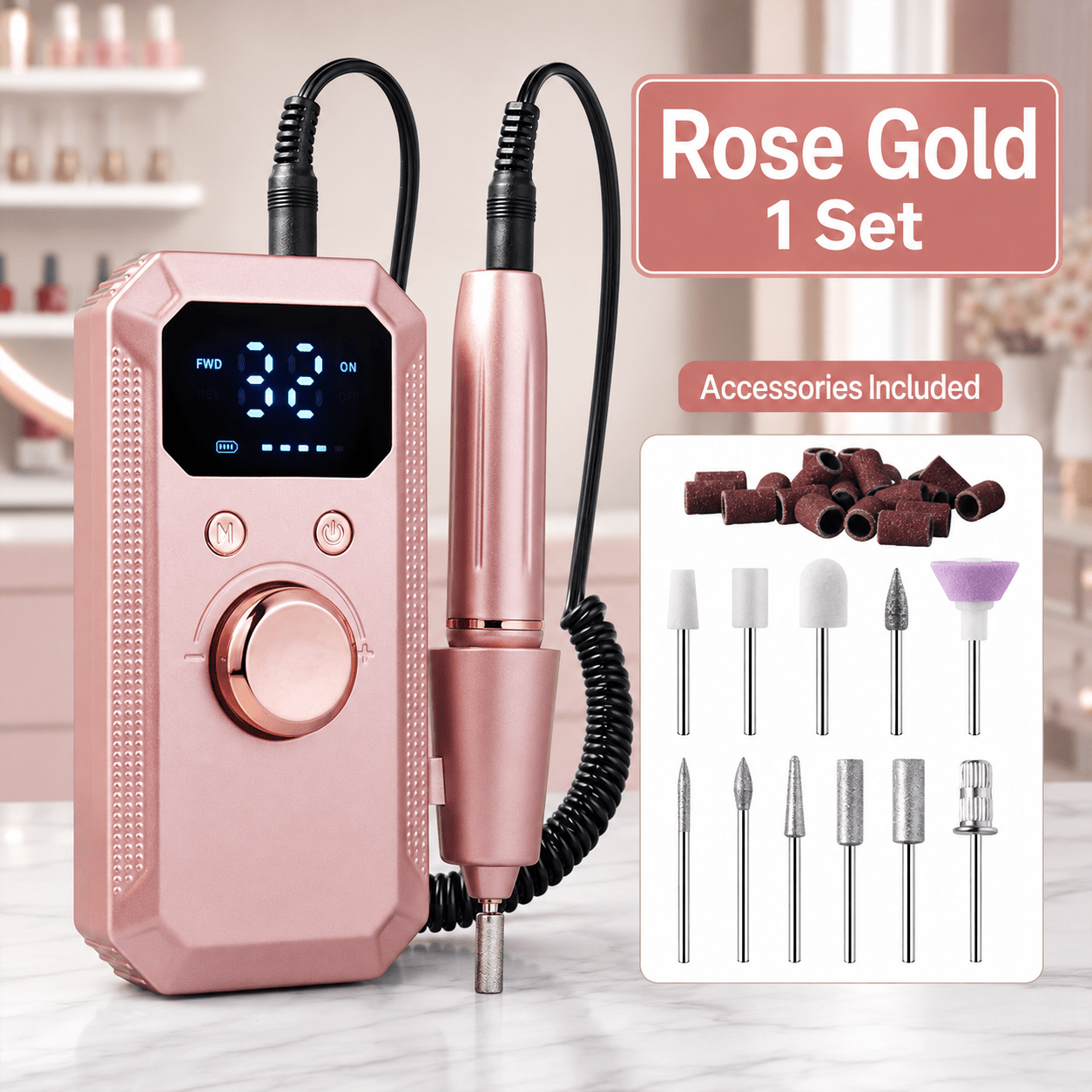 TEMU Machine de ponçage électrique pour ongles, kit de manucure et pédicure portable avec écran LCD, vitesse réglable, contrôle -arrière, embouts de