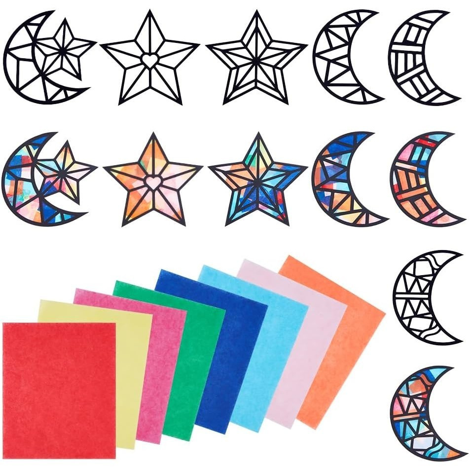 12pcs * Suncatcher Craft Kit, Star and Moon Shapes Templates with Glass Effect, Mixed Color Paper Set, for DIY Art Projects, * Supplies, Party Favors, and Window Decor