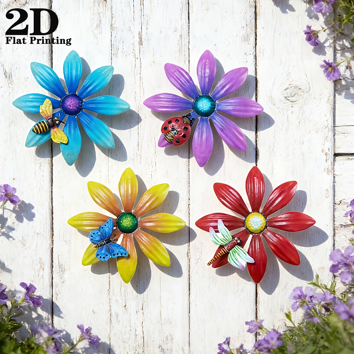 E-shop 【2D Flat】 [2D Flat] 2D Flat 4-teiliges Set Gartendekoration aus Holz mit Gänseblümchen für Garten/Hof/Hochzeit/ - Wandkunst-Hängeornamente aus