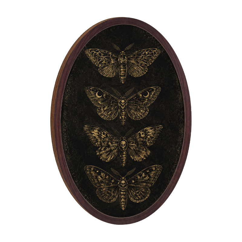 TEMU 1pc Oval Wooden Frame Retro Death Moth Wall Art Sign, Golden Moth Dark Gothic Style Printed Hanging Plaque, Dark Gothic Style Home Wall Decor