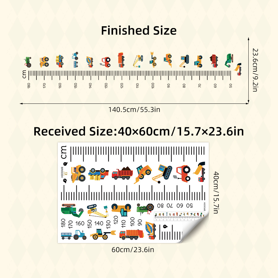 Removable Construction Vehicle Wall Decals - Kids Growth Chart Sticker With Measurement Marks | Educational Decor For Boys Room | No Residue Learning Height Chart For Toddlers