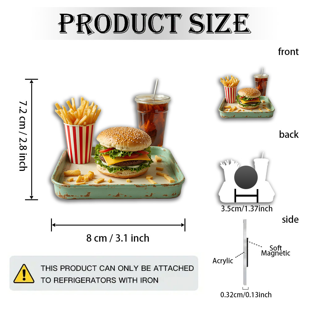 TEMU Egtlaj 1pc 2d Flat Acrylic And Rubber Soft Magnet | Retro Food Nostalgia - Classic Hamburger And Fries With Distressed Tray And Classic Striped