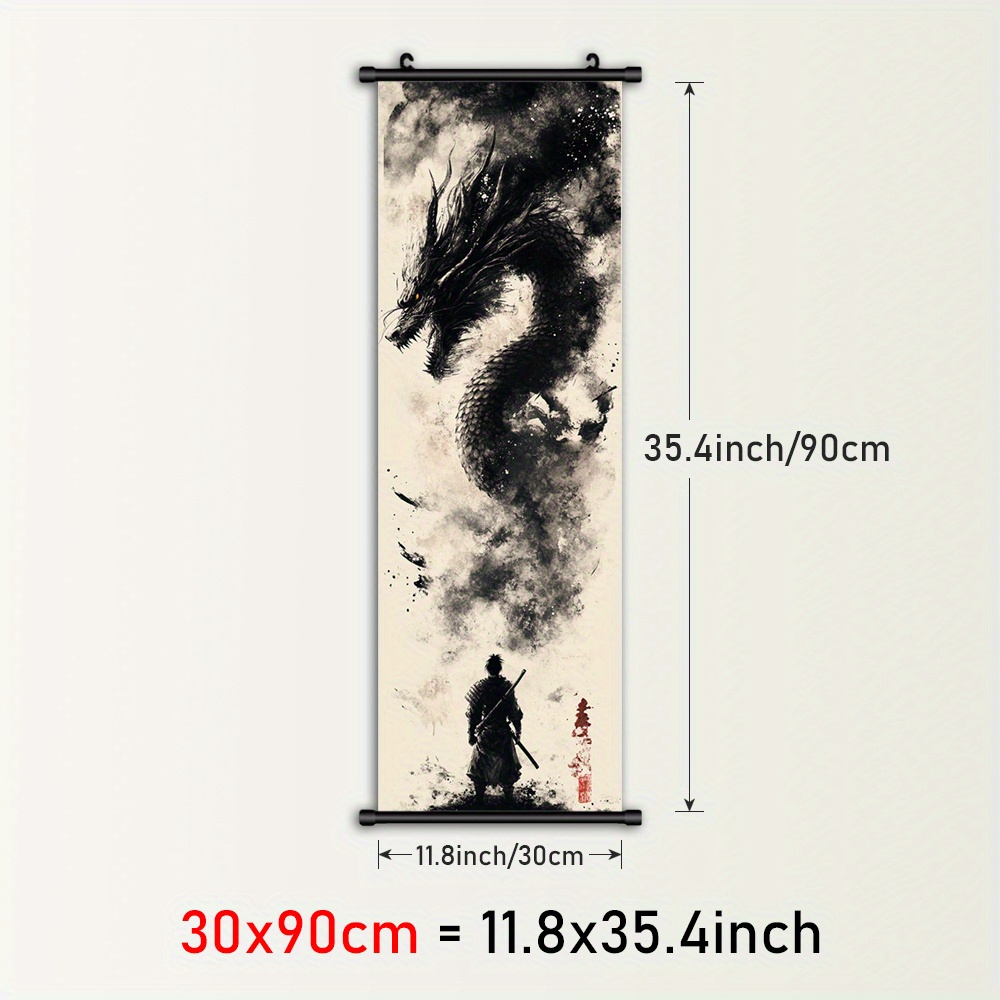 TEMU 2d Flat, 2d Flat, 1pc Framed Wall Art Featuring A , A Dragon Canvas Poster In Black And White, A Plastic Hanging Painting, Japanese-style Wall