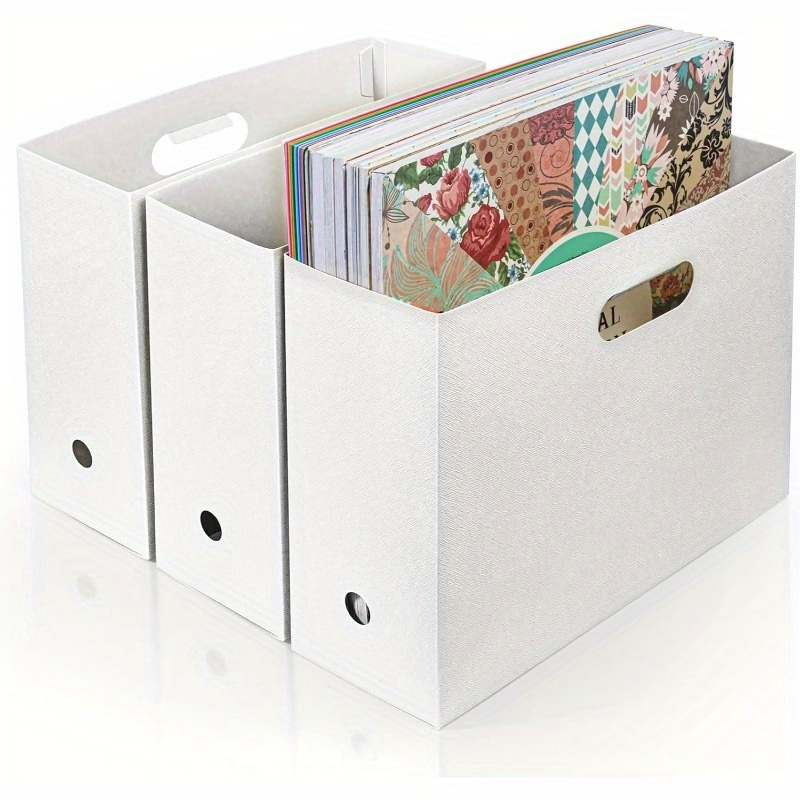 

3pcs White Foldable Paper Storage Organizer - Plastic File Boxes With Handles For Craft Supplies, Documents & More - Ideal For Home, School & Office Use, Scrapbooking Supplies