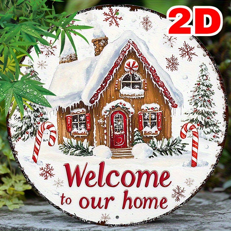 TEMU 2d Flat - 2d Decorative Signs & Plaques, 1 8x8 Round Aluminum Sign - "welcome To " Featuring A Holiday Wreath Design, Rustic Christmas Decor For