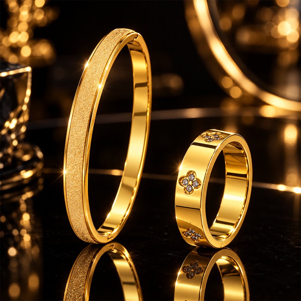 Delicate Glitter Bangle Ring Set, Floral Decorated Elegance