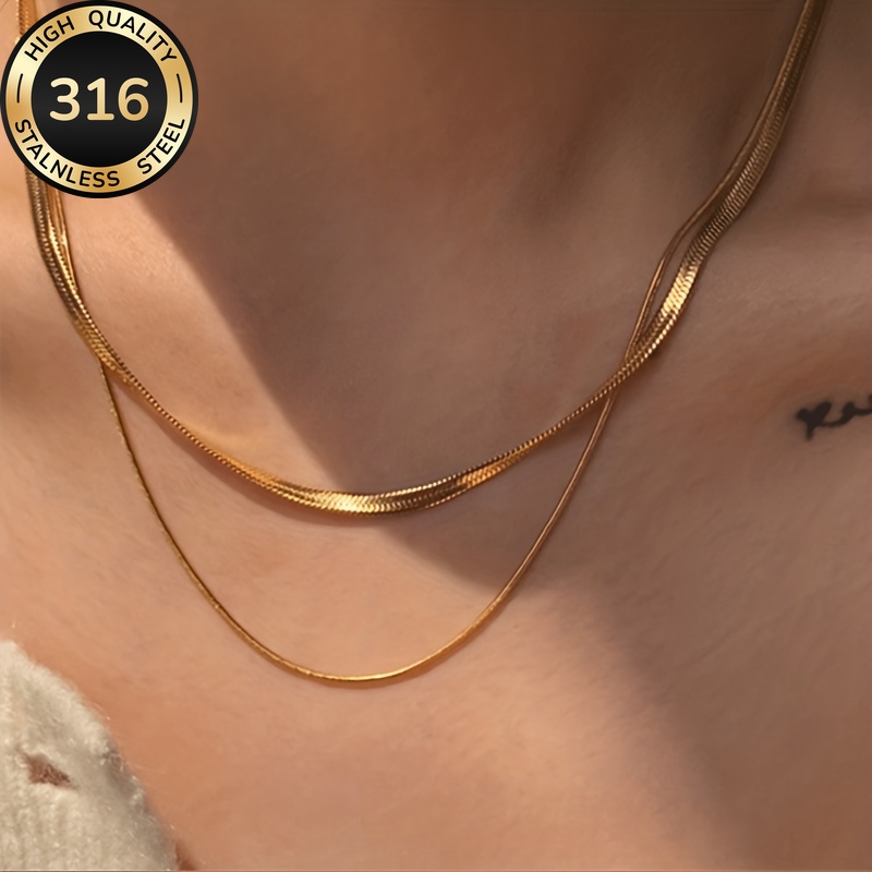 TEMU 2pcs High-quality Light Luxury Steel Golden Round Snake Chain And Flat Snake Chain Combination Necklace, Fashionable And Versatile Accessory,