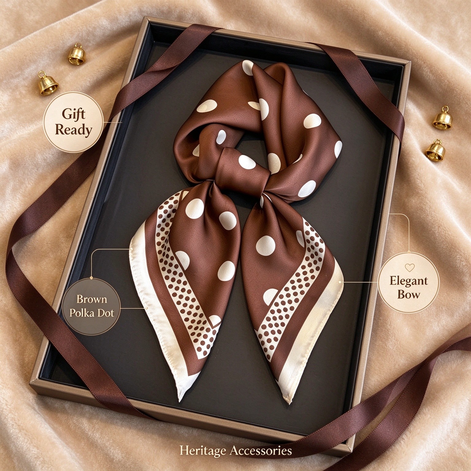 TEMU 100% Zijde Vierkante Sjaal - Vintage Bruine Polka Dot Dames Vierkante Sjaal - Gladde Zachte Satijnen Textuur, Multifunctioneel Gebruik,