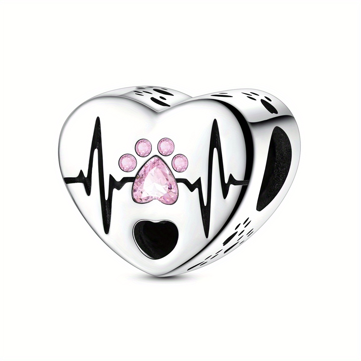 E-shop Eine versilberte, minimalistische Herzschlag-Pink-Pfotenabdruck-Charm-Perle, ein stilvolles Geschenk für Frauen, für als romantisches