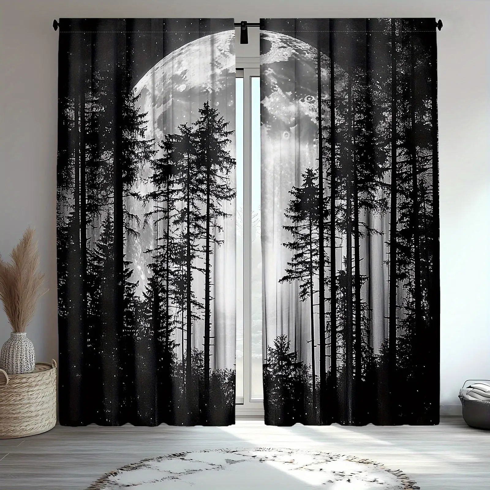 TEMU 2d Flat - 2d Flat - 2d Flat - Set Of 2 Curtains, Showcasing A Gothic-themed Forest Design With Black Trees And A Misty Starry Sky, Ideal For