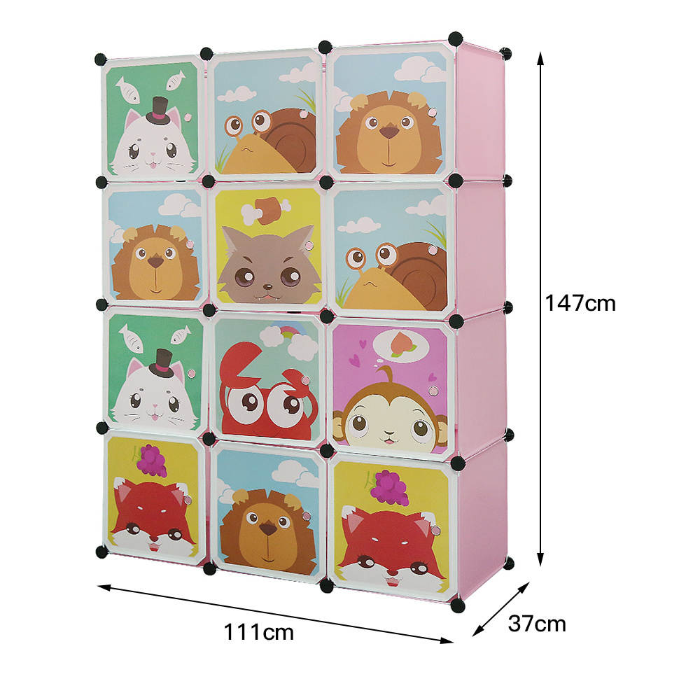 111*37*147cm 4-tier 12-door Wardrobe, Cartoon Plastic Wardrobe, Easy Wardrobe, Portable Closets