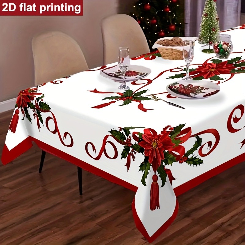 TEMU 1pc Rectangular Christmas Tablecloth, Red White Table Cover, Suitable For Dining Table, New Year Party Decoration, Machine Washable, Essential
