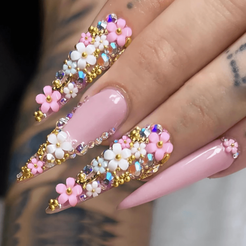 TEMU 48pcs 3d Flower & Sparkling Glitter Press- Nails With High Heel - Almond Shape Fake Nails Suitable For Women, Pink Art For Parties, Weddings,