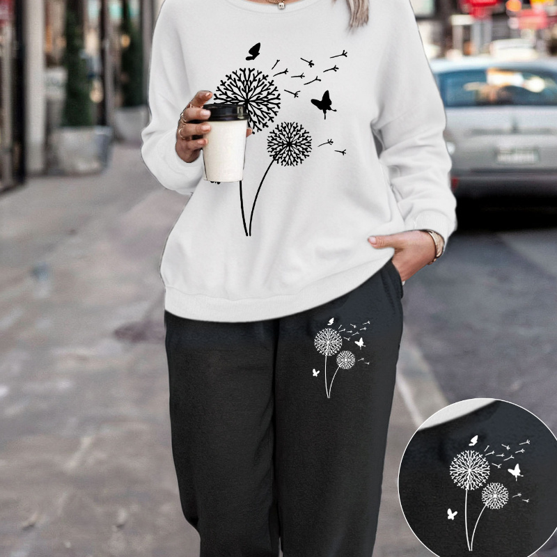 

Women's Casual & Dandelion Print Two-piece Set - Crew Neck Sweatshirt And Pants, Machine Washable