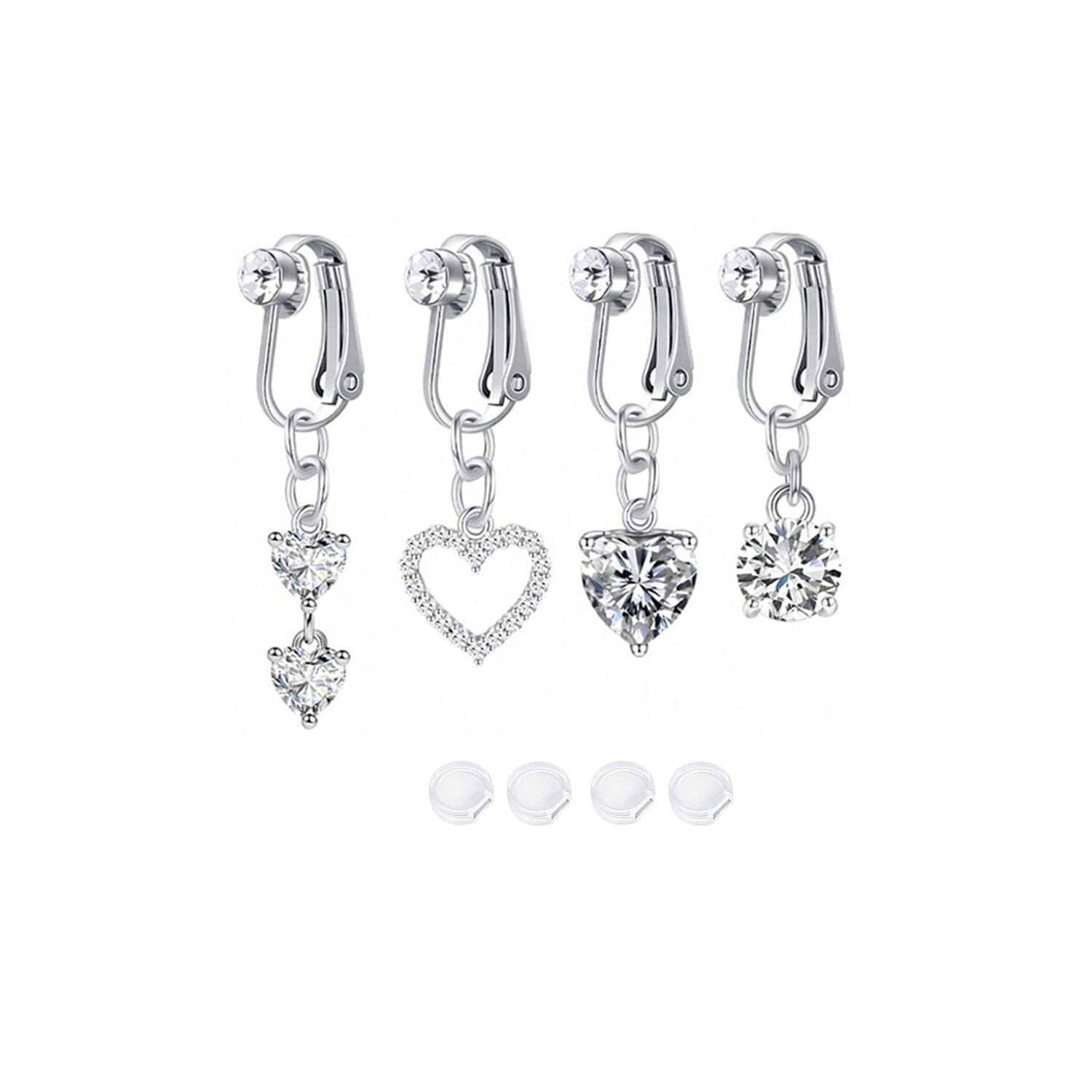 Image of 4pcs Boho Elegant Stainless Steel Fake Belly Button Rings, Non-piercing Clip-on Nails With Rhinestones, Silicone Pads, For Women, Daily & Gift Occasions, Valentine's Day Jewelry