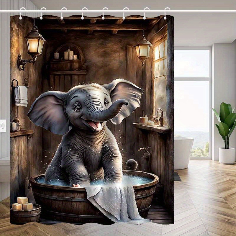TEMU 1pc Cute Elephant Patterned Shower Curtain, High-end Elegant Bathroom Curtain, Bathroom Decoration Pattern