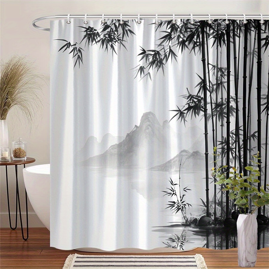 TEMU 1pc Black & Shower Curtain - Reflection Design, Durable Polyester Fabric, Machine Washable, 70x70 Inch With 12 Hooks, Modern Bathroom Decor &
