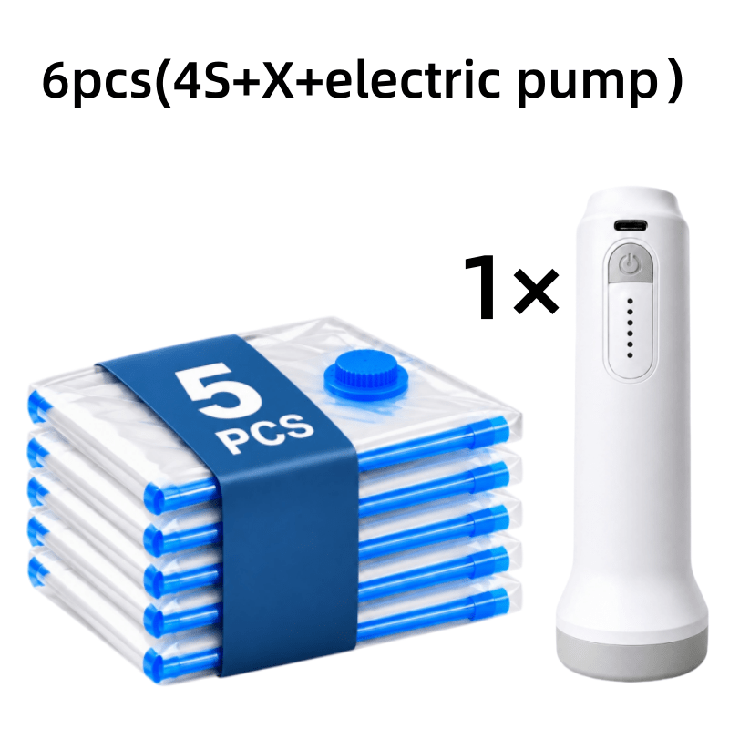 TEMU 6pcs Vacuum Compression Bag Set And Usb Electric Air Pump, 1500mah Rechargeable, Multiple Sizes Of Compression Storage Bags, Suitable For