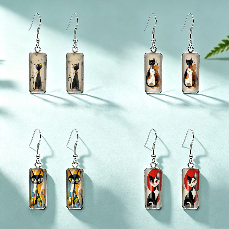 TEMU 4 paires de boucles d'oreilles pendantes rectangulaires à crochets avec illustration de chat géométrique contrastée, accessoires de bijoux en