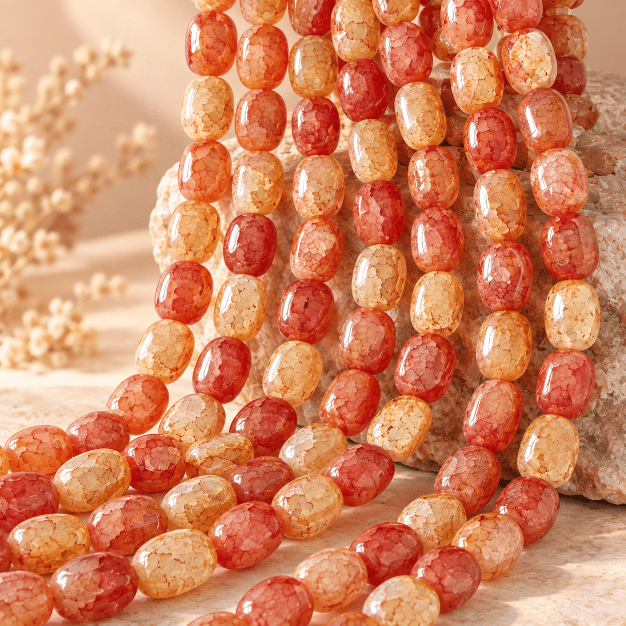 19pcs Ice Cracked Brown Red Agate Barrel Beads for DIY