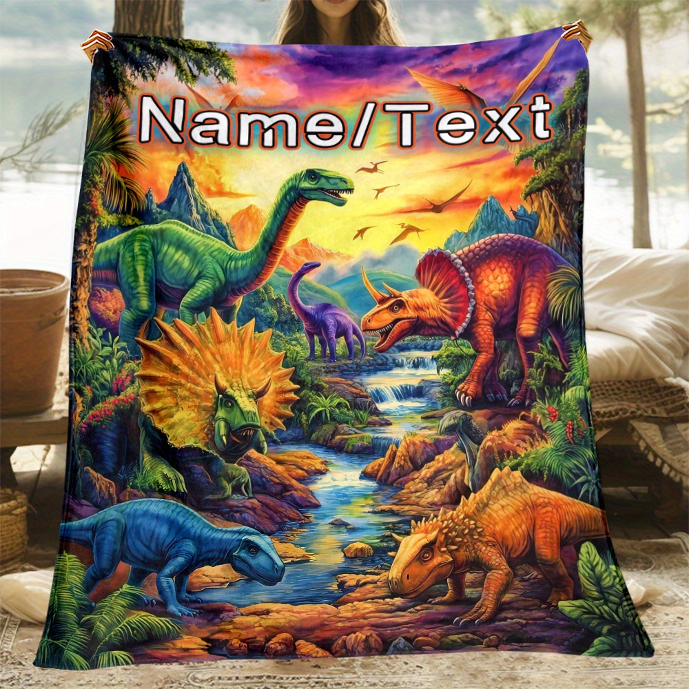 TEMU Customizable Jurassic Blanket - Lightweight Flannel, , Vibrant Dinosaur Design With Sunset & Waterfall Scene, Bed, Sofa, Travel, Camping, And