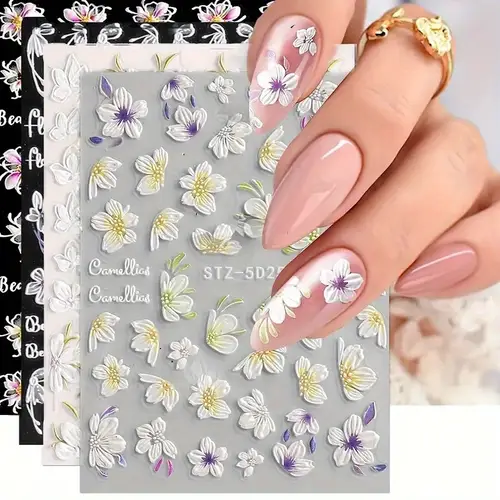4 sheets of 5d flower embossed nail art stickers glam self long lasting decals for