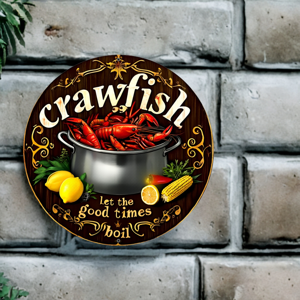 

1pc Crawfish "let Times Boil" Round Aluminum Sign, 8x8 Inches, Wall Hanging Decor For Kitchen, Garden, Office, Multipurpose Holiday & Winter Festival Wall Art, English Text