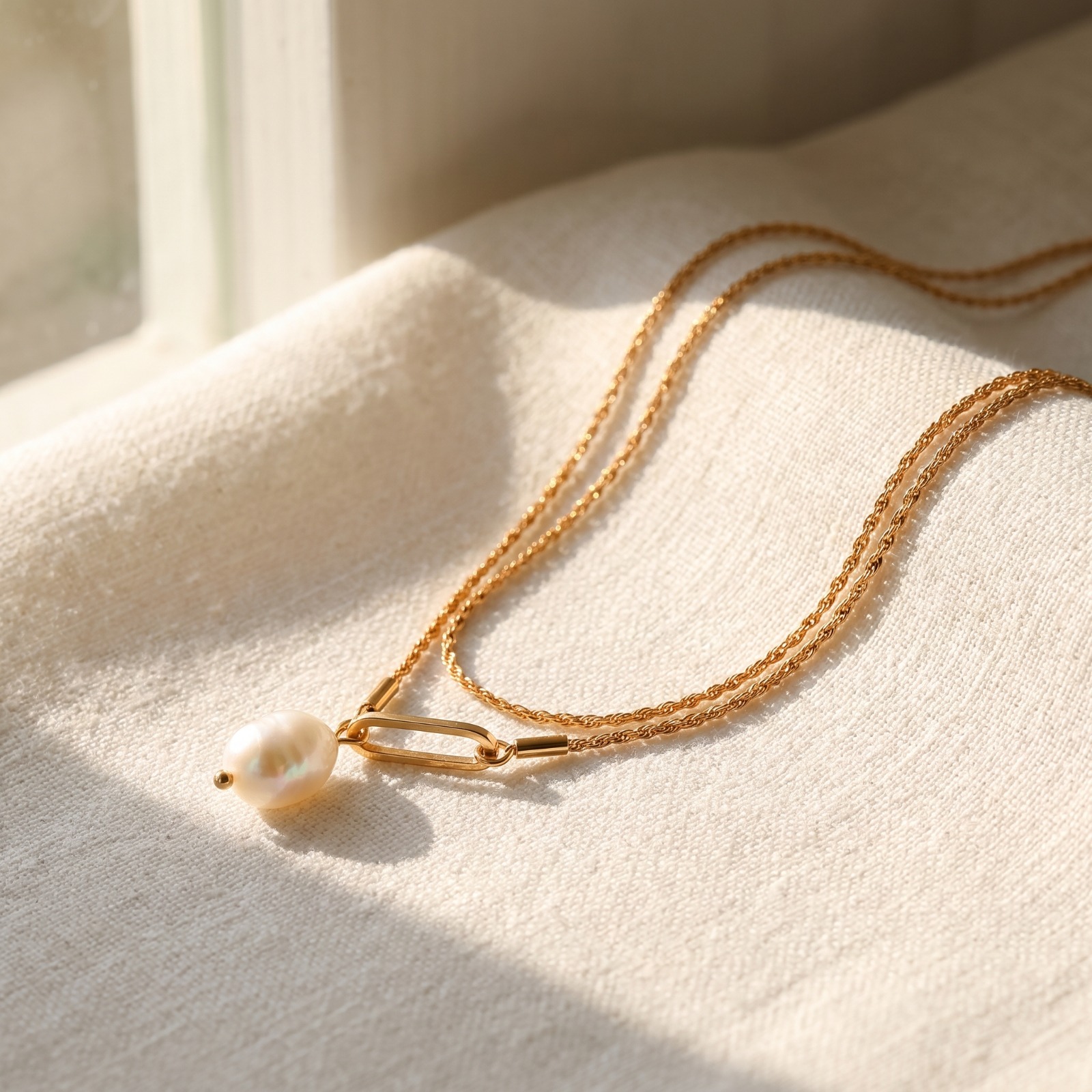 Women's 18K Gold-Plated Twisted Rope Chain Necklace with Pearl