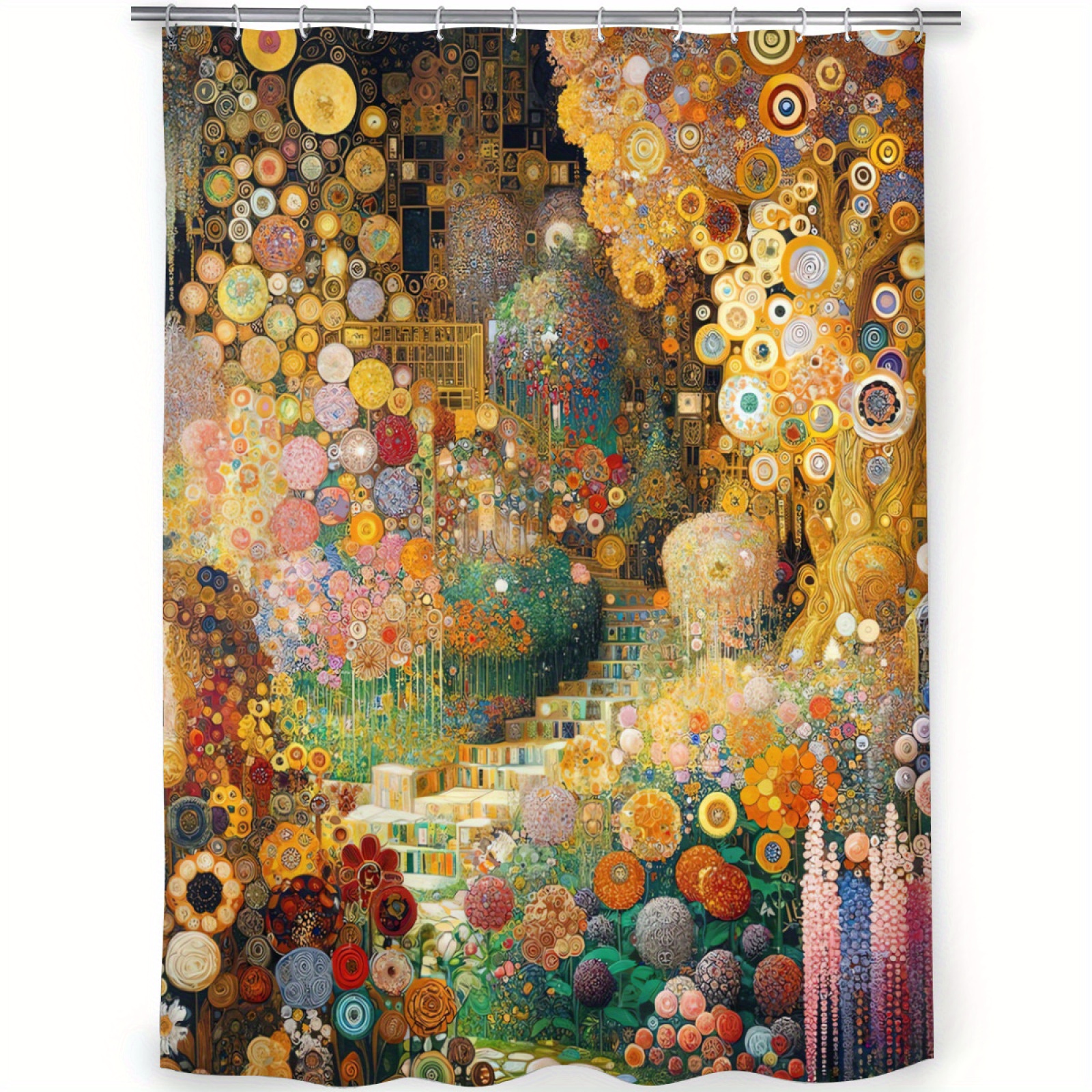 TEMU Zlienszus Klimt-inspired Floral Shower Curtain - Vibrant Polyester With Golden Accents, Durable Fabric, Easy-clean For Bathroom, Studio, Or Loft