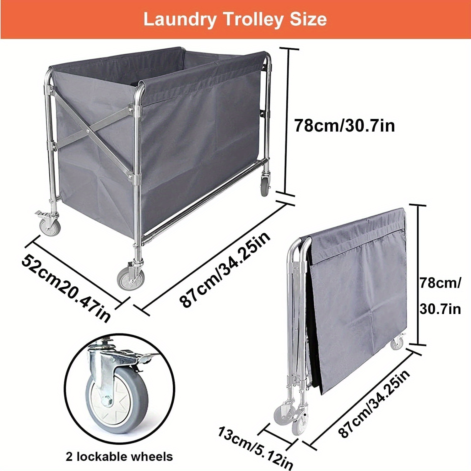 TEMU Wheeled Laundry Cart - Wheeled Commercial Hotel Laundry Basket - Foldable Heavy-duty Stainless With Detachable Oxford Cloth Bag, 87x52x78cm,