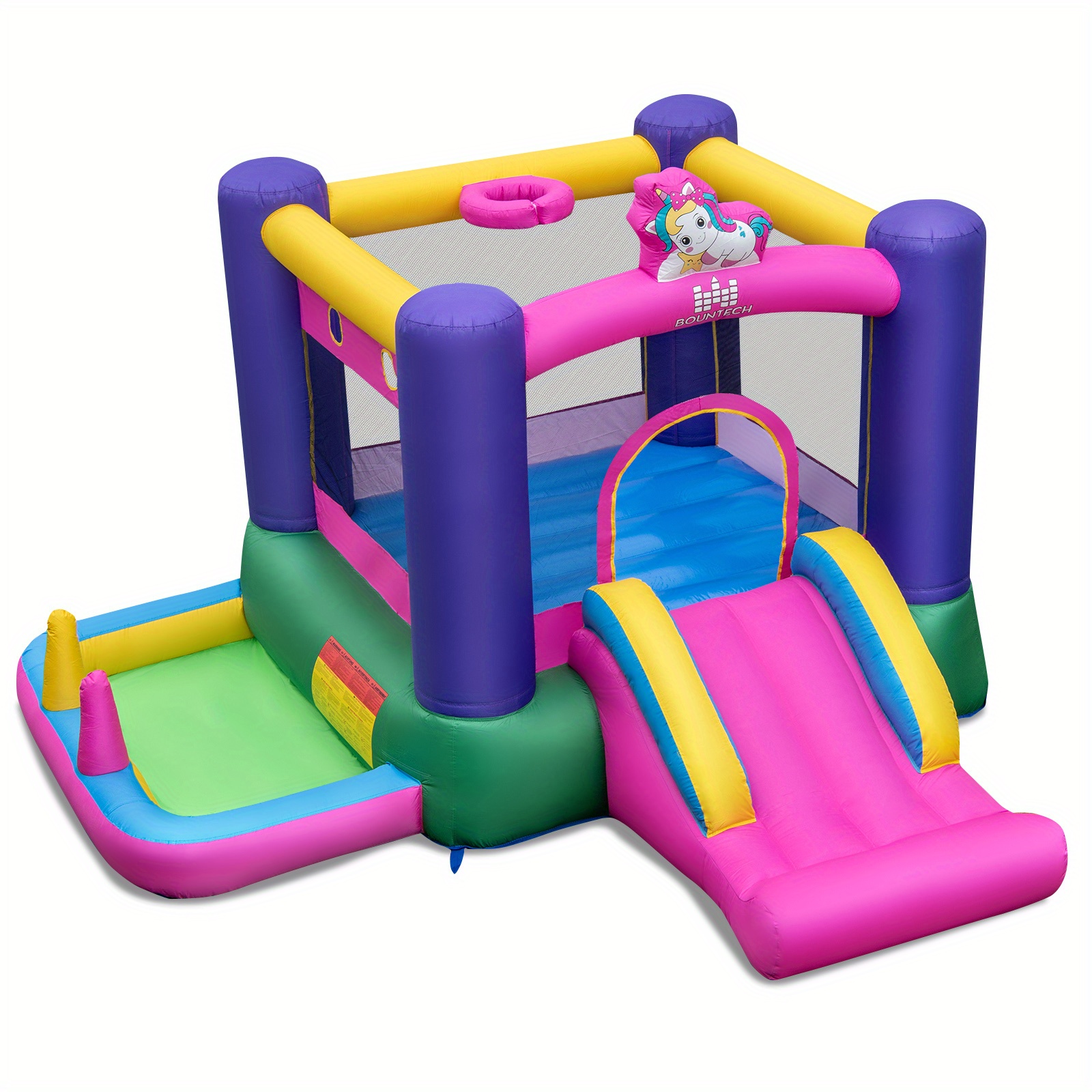 TEMU Multigot Inflatable Bounce House, Portable Jumping House With Slide,, Basketball Hoop, Ring Tossing Games, Cute Unicorn Theme Kids Without Blower For Age 3,