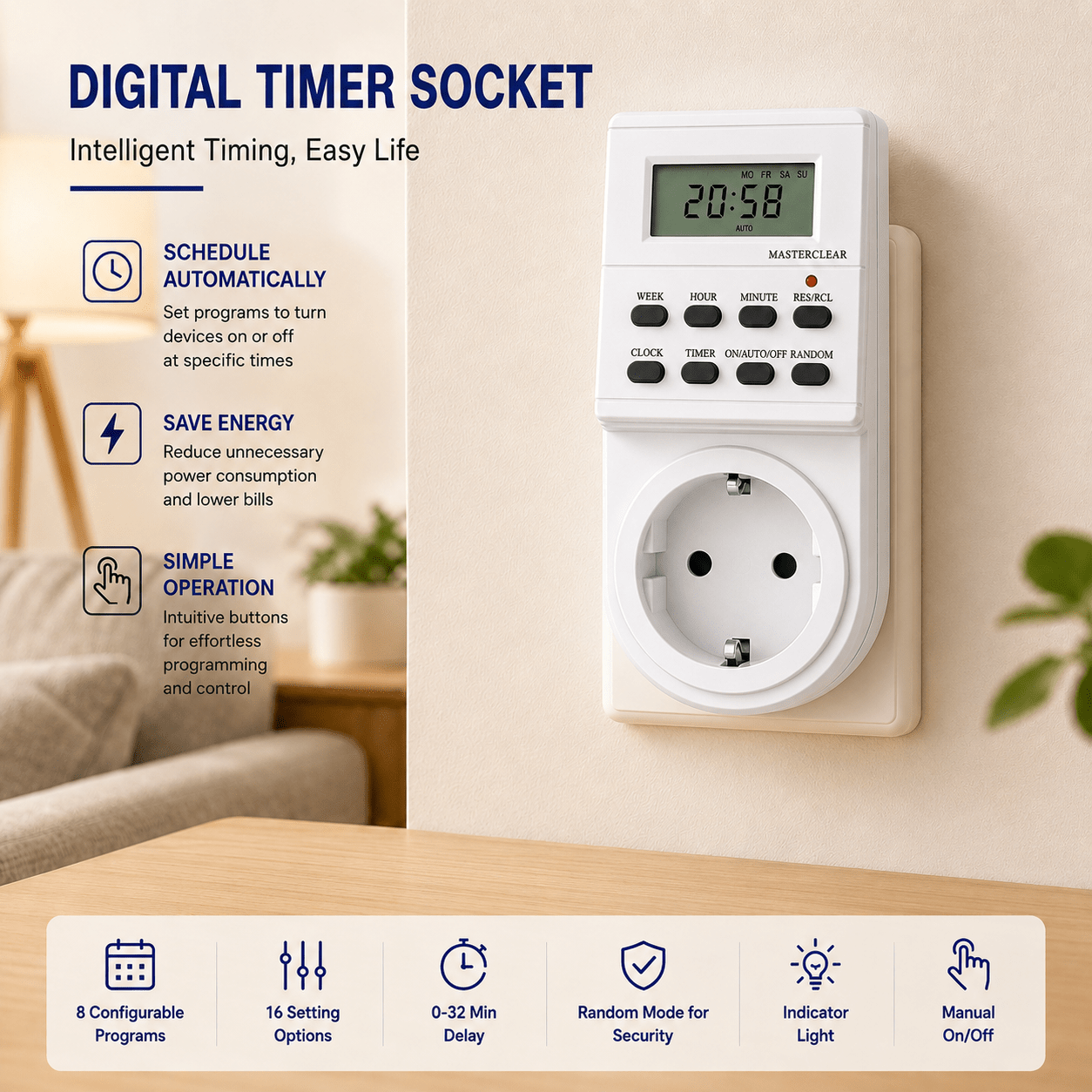 ts-ed1-2   elektronische timer volgens europese   met schermweergave, 3680w, 8 configureerbare schakelprogrammas met indicatielampje, 16 instelopties (dag en daggroep), mogelijkheid tot   vertraging van de schakelwerking tussen 0 en 32 minuten (van 18:00 tot 6:00), handmatige aan/uit