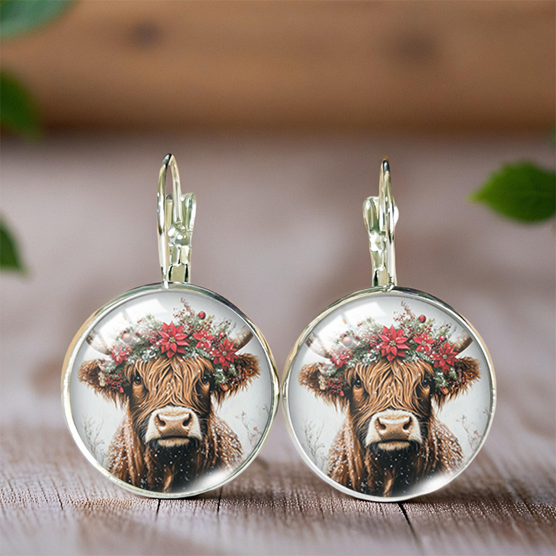 TEMU A Pair Of Stylish Handmade Round Earrings Featuring Highland Cows, Perfect For Winter, With Glass Drops, Without Battery