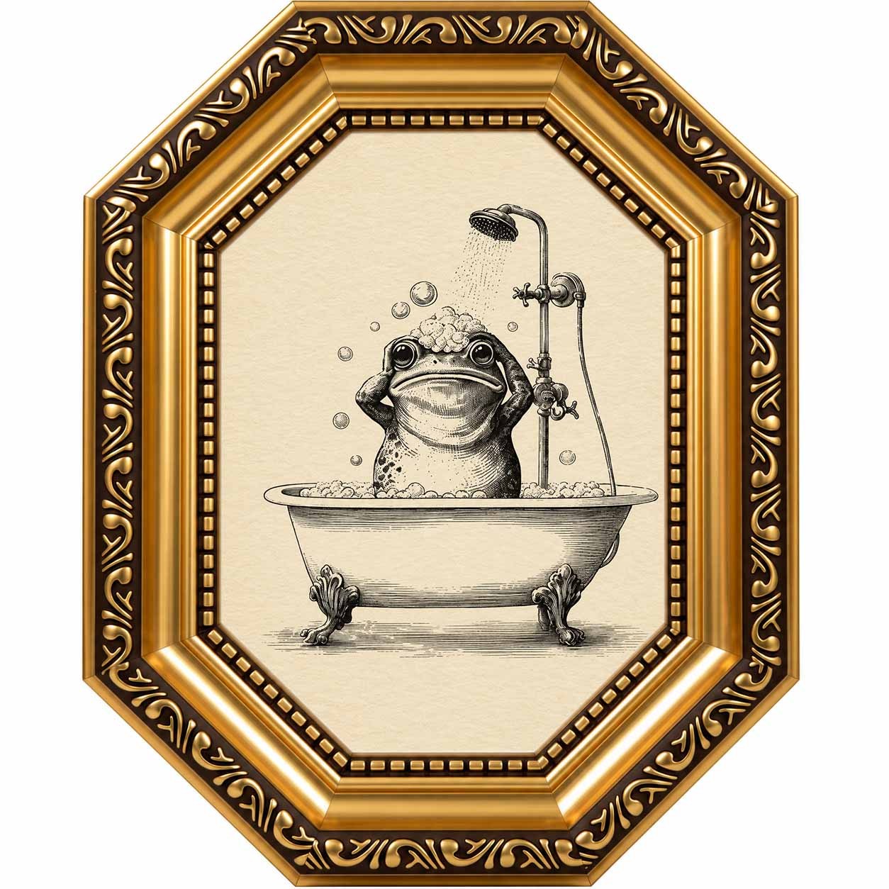 TEMU 2d Flat, 2d/flat, Framed, Retro Golden Octagonal Frog Print 1pc, Vintage Whimsical Frog Taking Shower In Clawfoot Tub Illustration, Retro Animal
