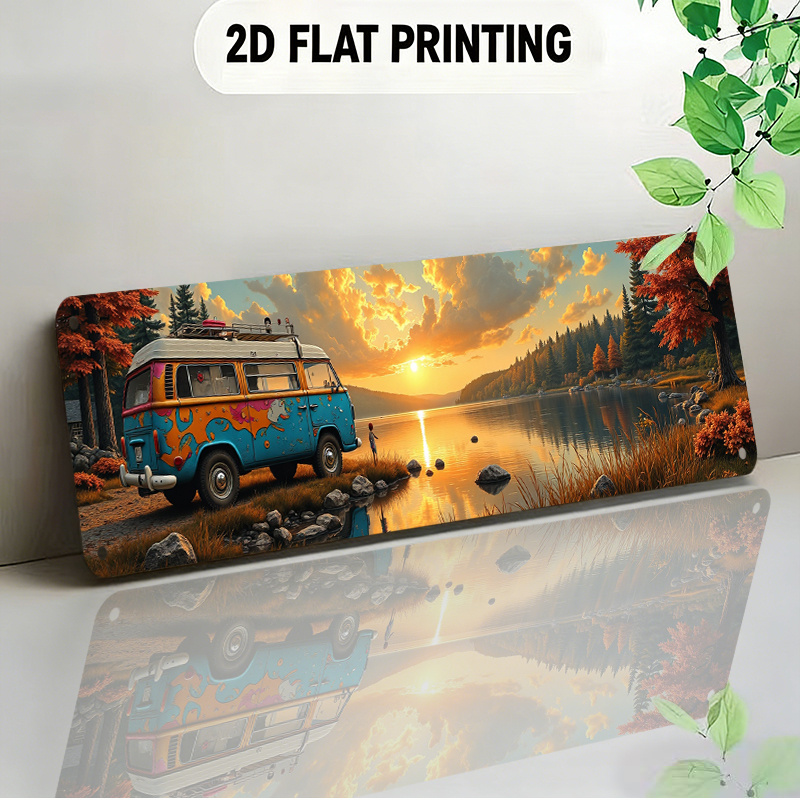 TEMU 2d Flat, 1pc Van Plaque - Artificial Panel Suitable For Home Decor, Travel-themed Entryway Hanging, Autumn Lakeside Sunset With Retro ,