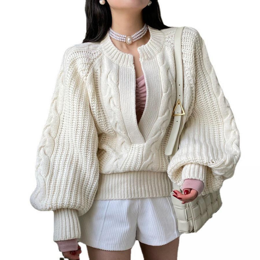 

Women's Oversized Sweaters Long Sleeve V Neck Solid Color Cable Knit Pullover Tops