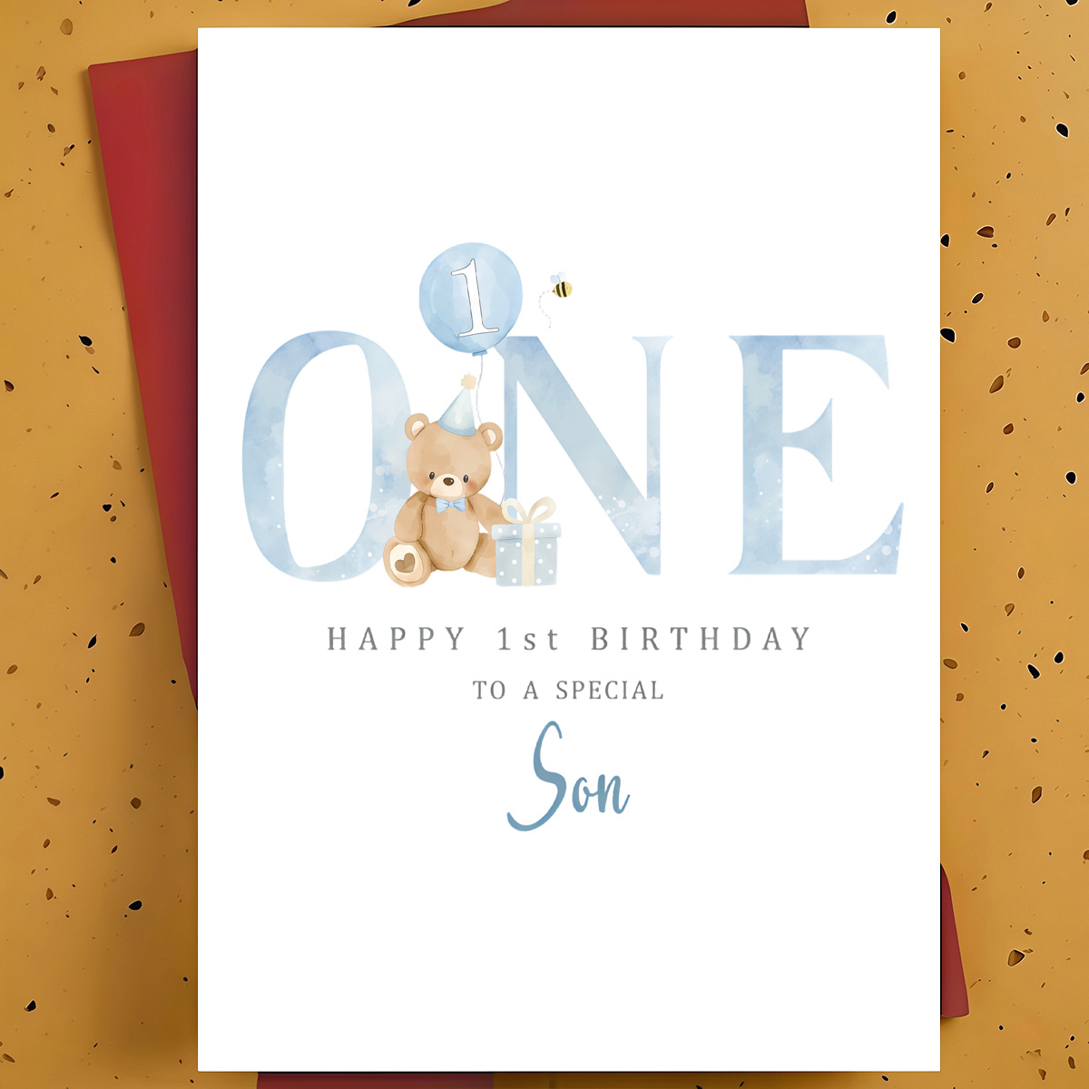 TEMU 1pc Sweet 1st Birthday Greeting Card For Son – Teddy Bear Watercolor Hand-drawn Illustration, Card, With Envelope