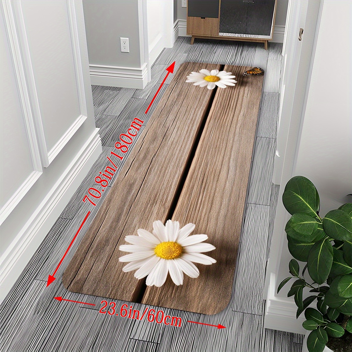 TEMU 1pc Wooden Daisy Pattern European Style Runner Rug, Bathroom Mat, Non-slip Running Carpet, Bedside And Sofa Area Rug, Kitchen Floor Mat, Machine