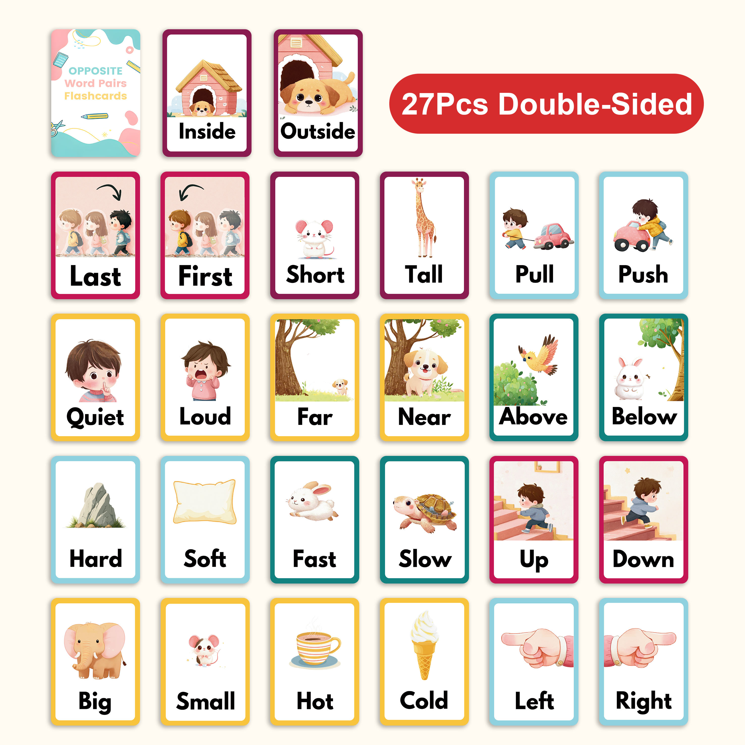 TEMU 27 Groups Of Antonyms, Early Learning Vocabulary Cards - Educational Cards For -8 Years, Vocabulary Building, Mixed Colors, Educational Cards |
