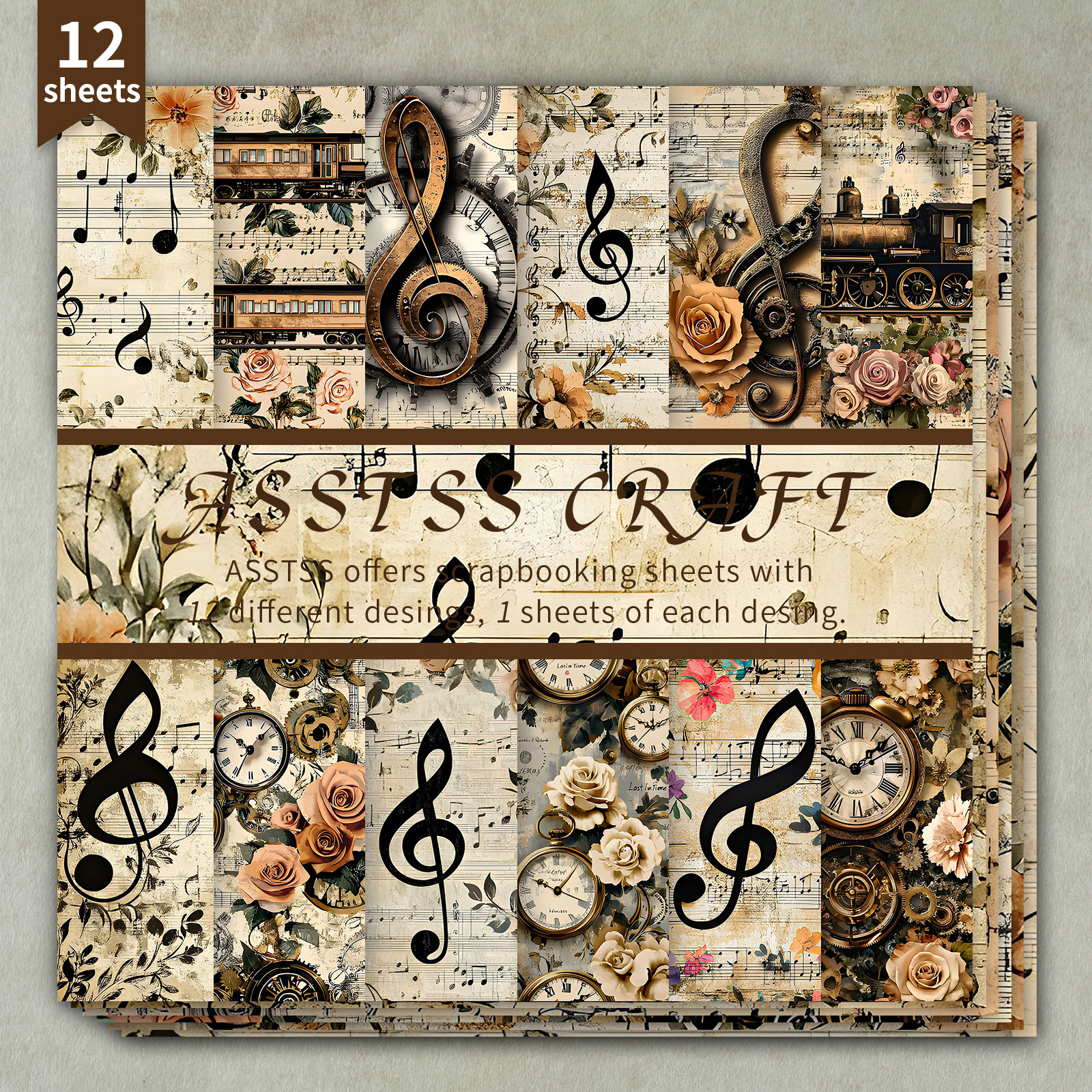 TEMU 12-sheet Asstss Inches Scrapbooking Paper Pad, Vintage Steampunk Music Note Floral Clock Style Backing Paper Supplies, Heavyweight Cardstock For