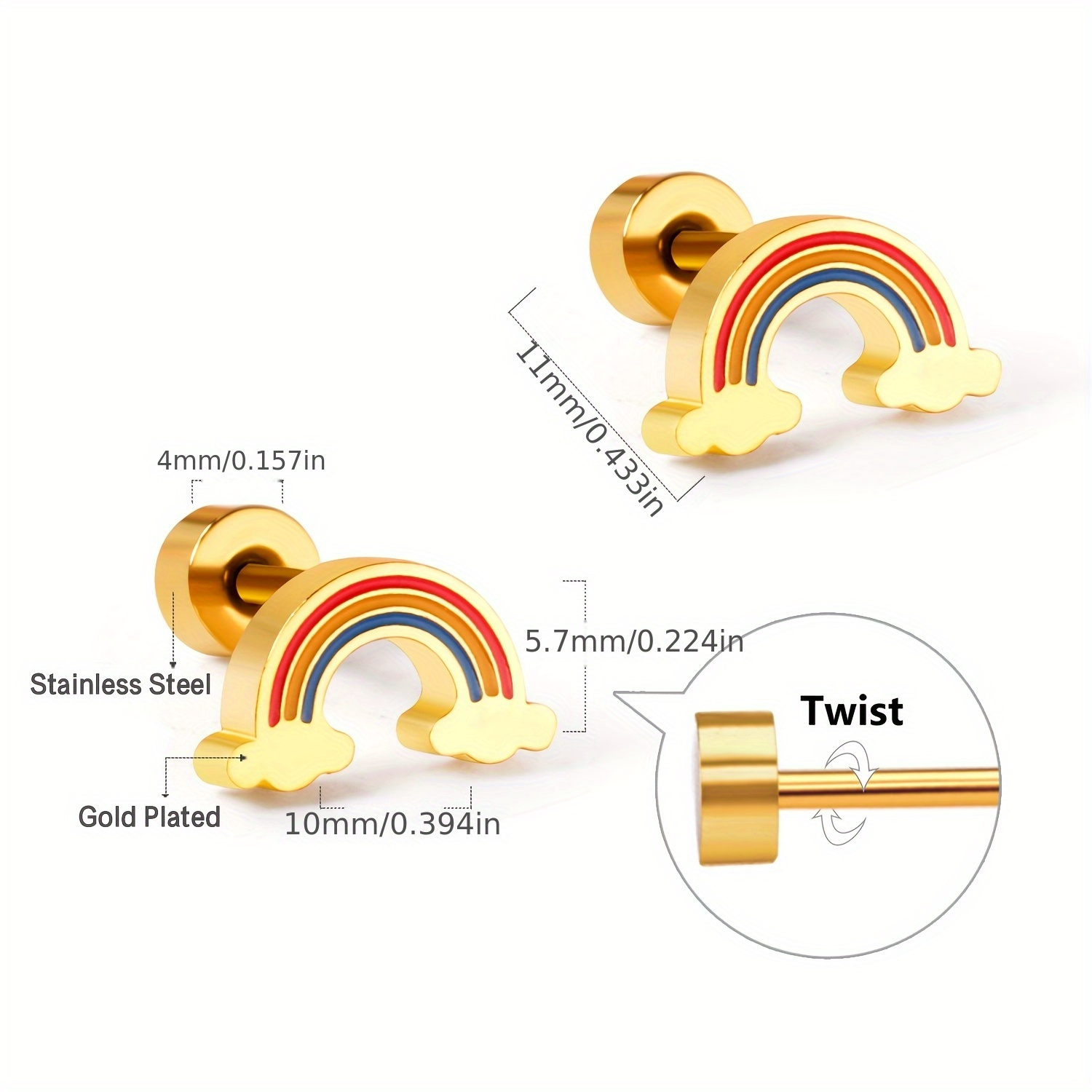 Rainbow Cloud Stud Earrings Golden Tone Colorful Women Wedding